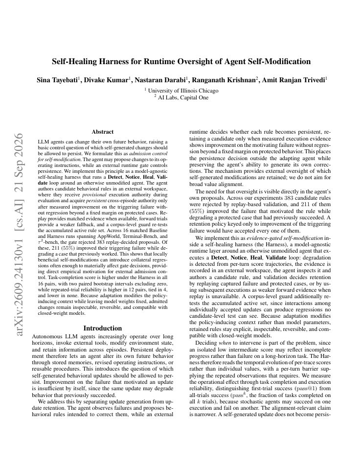 First page of Self-Healing Harness for Runtime Oversight of Agent Self-Modification