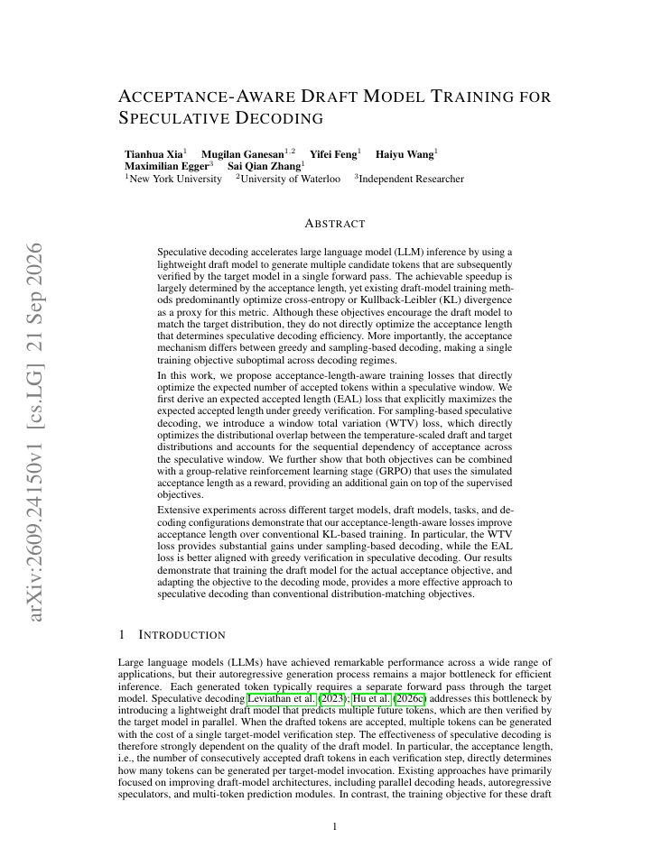 First page of Acceptance-Aware Draft Model Training for Speculative Decoding
