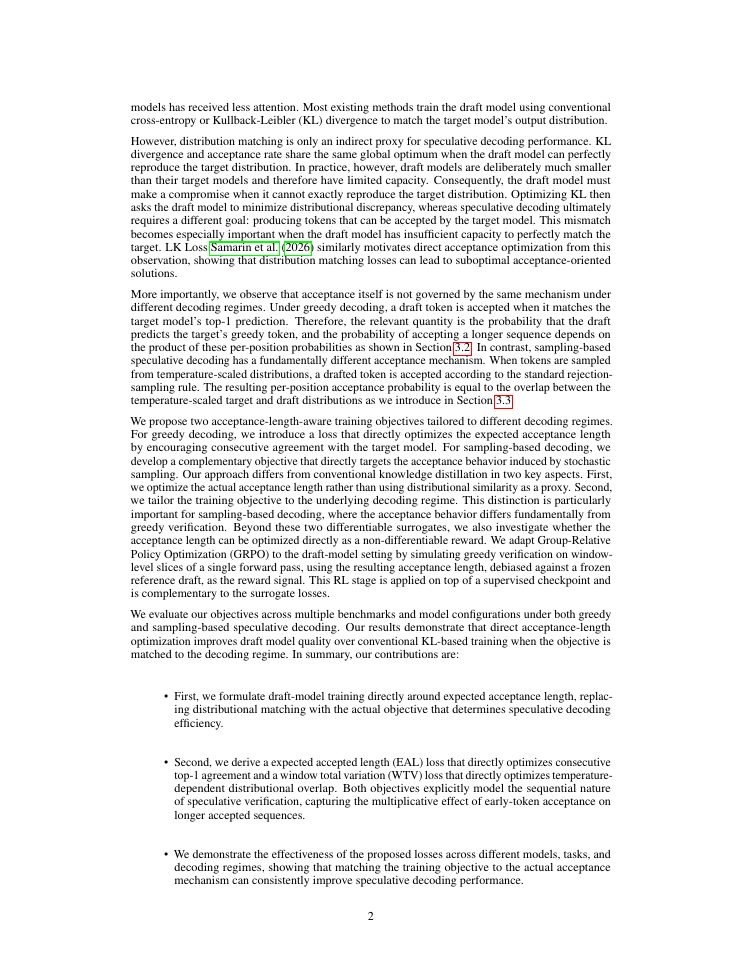 Page 2 of Acceptance-Aware Draft Model Training for Speculative Decoding
