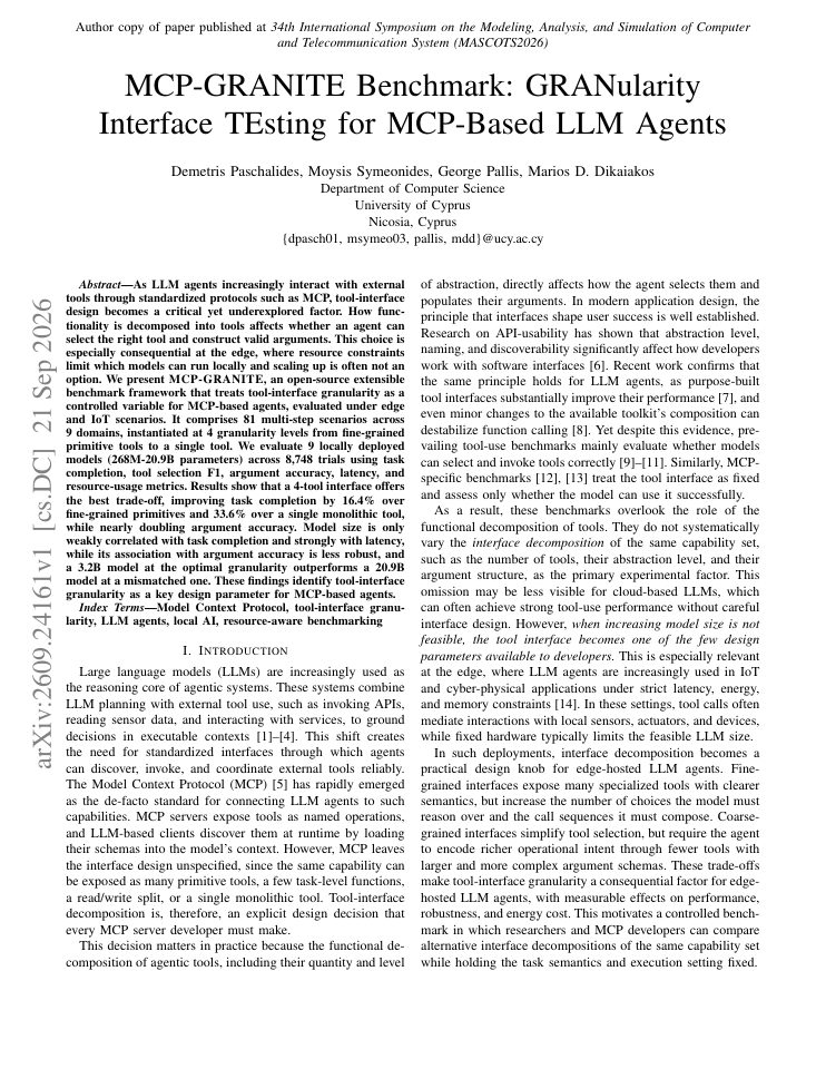 First page of MCP-GRANITE Benchmark: GRANularity Interface TEsting for MCP-Based LLM Agents