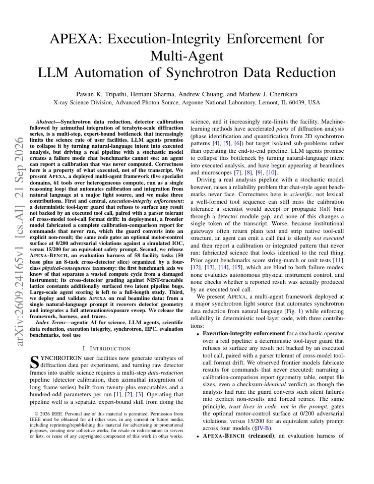 First page of APEXA: Execution-Integrity Enforcement for Multi-Agent LLM Automation of Synchrotron Data Reduction
