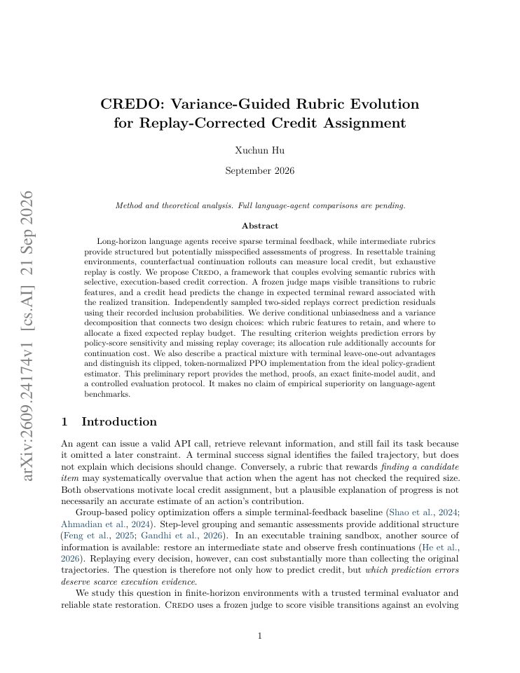 First page of CREDO: Variance-Guided Rubric Evolution for Replay-Corrected Credit Assignment