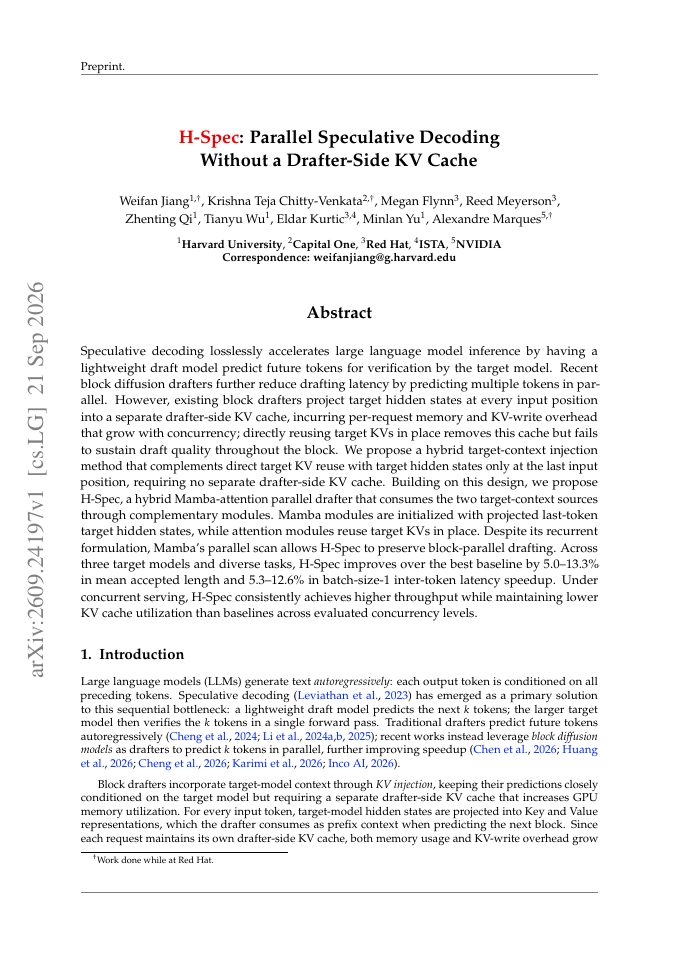 First page of H-Spec: Parallel Speculative Decoding Without a Drafter-Side KV Cache