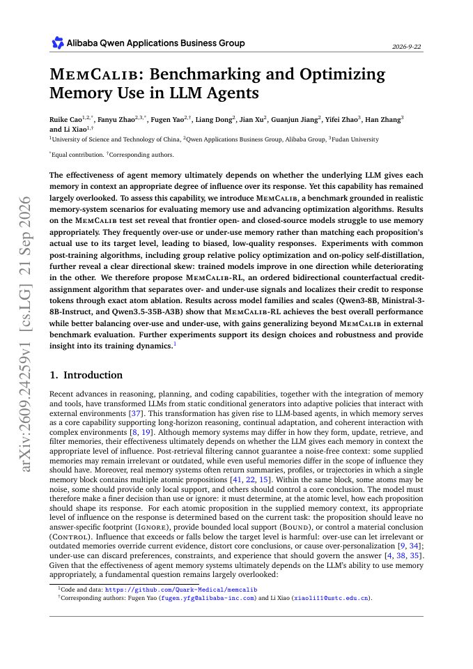 First page of MemCalib: Benchmarking and Optimizing Memory Use in LLM Agents