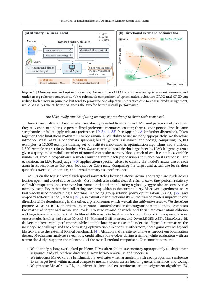 Page 2 of MemCalib: Benchmarking and Optimizing Memory Use in LLM Agents
