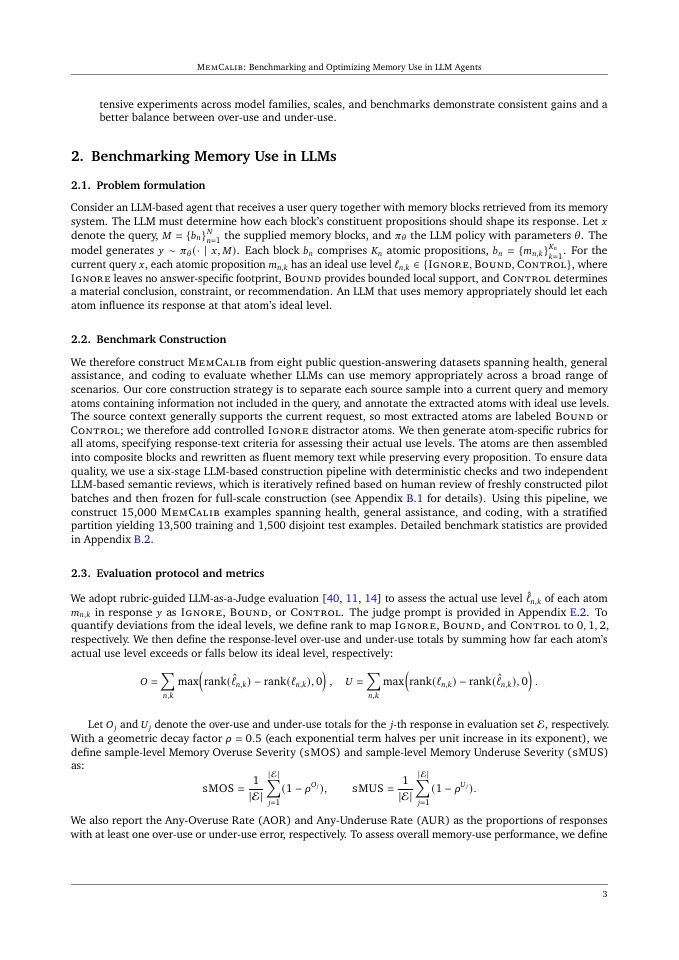 Page 3 of MemCalib: Benchmarking and Optimizing Memory Use in LLM Agents
