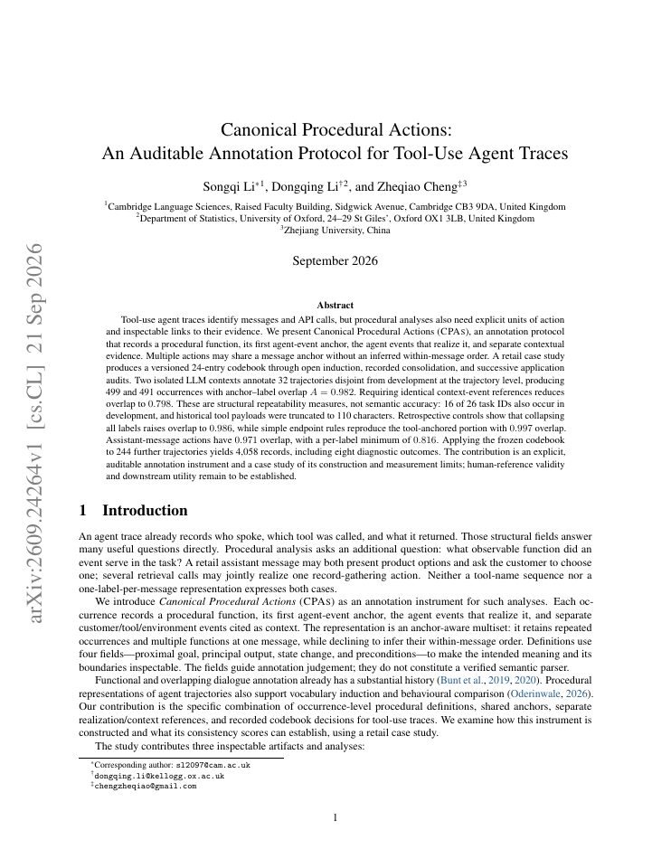 First page of Canonical Procedural Actions: An Auditable Annotation Protocol for Tool-Use Agent Traces