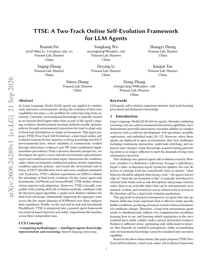 First page of TTSE: A Two-Track Online Self-Evolution Framework