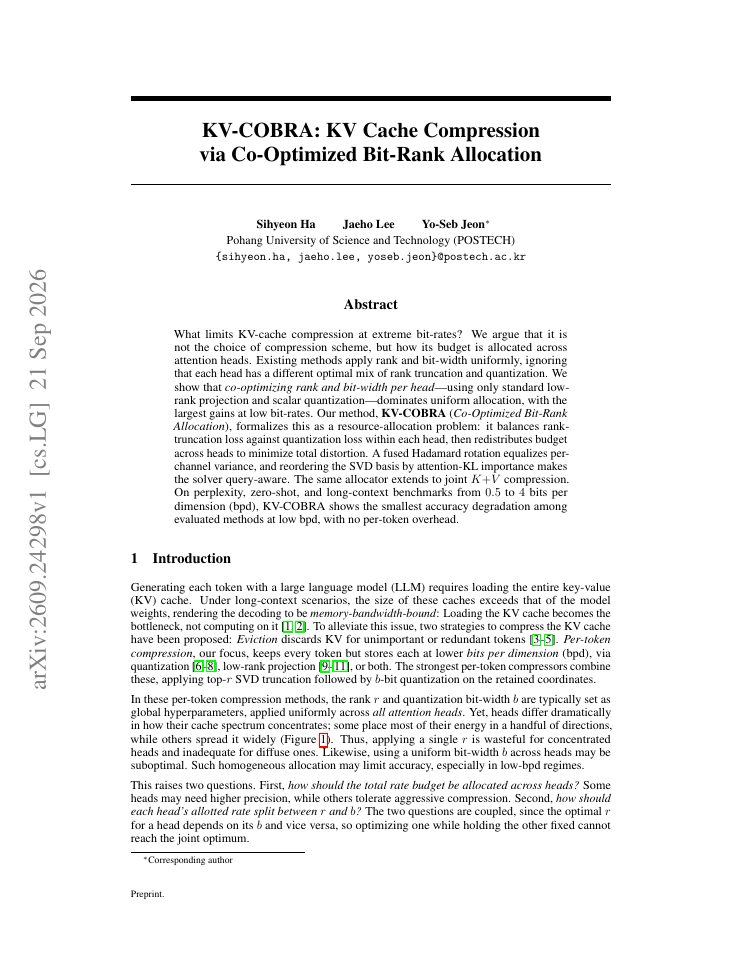 First page of KV-COBRA: KV Cache Compression via Co-Optimized Bit-Rank Allocation