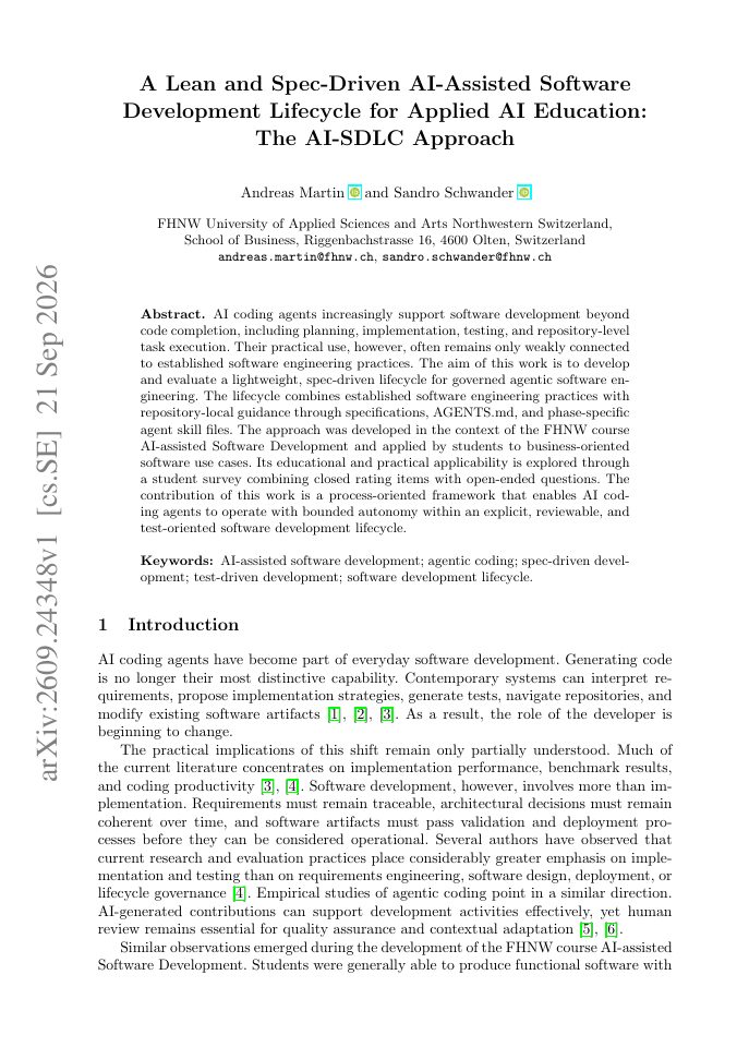 First page of A Lean and Spec-Driven AI-Assisted Software Development Lifecycle for Applied AI Education: The AI-SDLC Approach