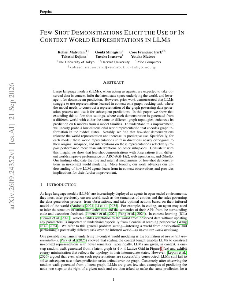 First page of Few-Shot Demonstrations Elicit the Use of In-Context World Representations in LLMs