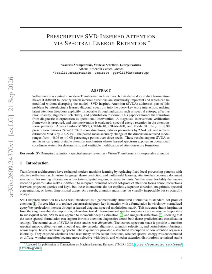 First page of Prescriptive SVD-Inspired Attention via Spectral Energy Retention
