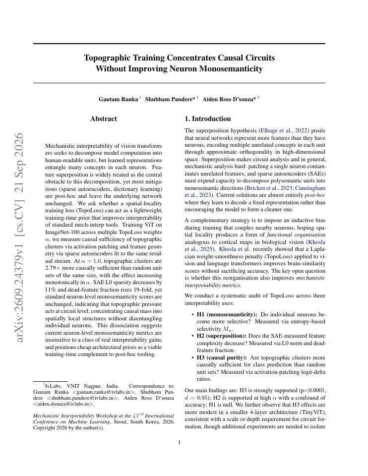 First page of Topographic Training Concentrates Causal Circuits Without Improving Neuron Monosemanticity