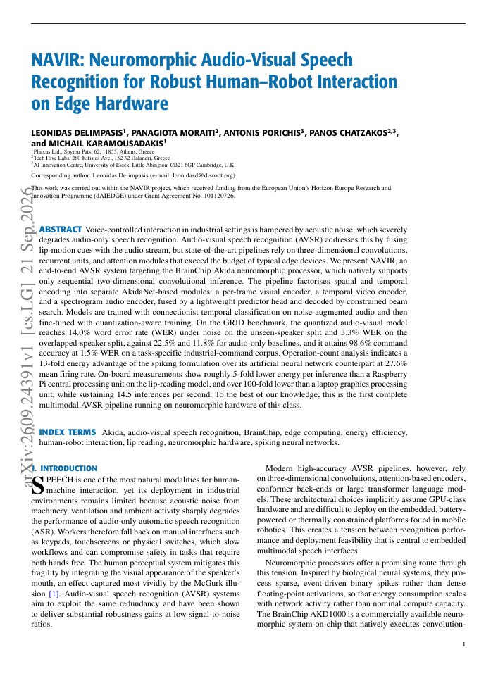 First page of NAVIR: Neuromorphic Audio-Visual Speech Recognition for Robust Human-Robot Interaction on Edge Hardware
