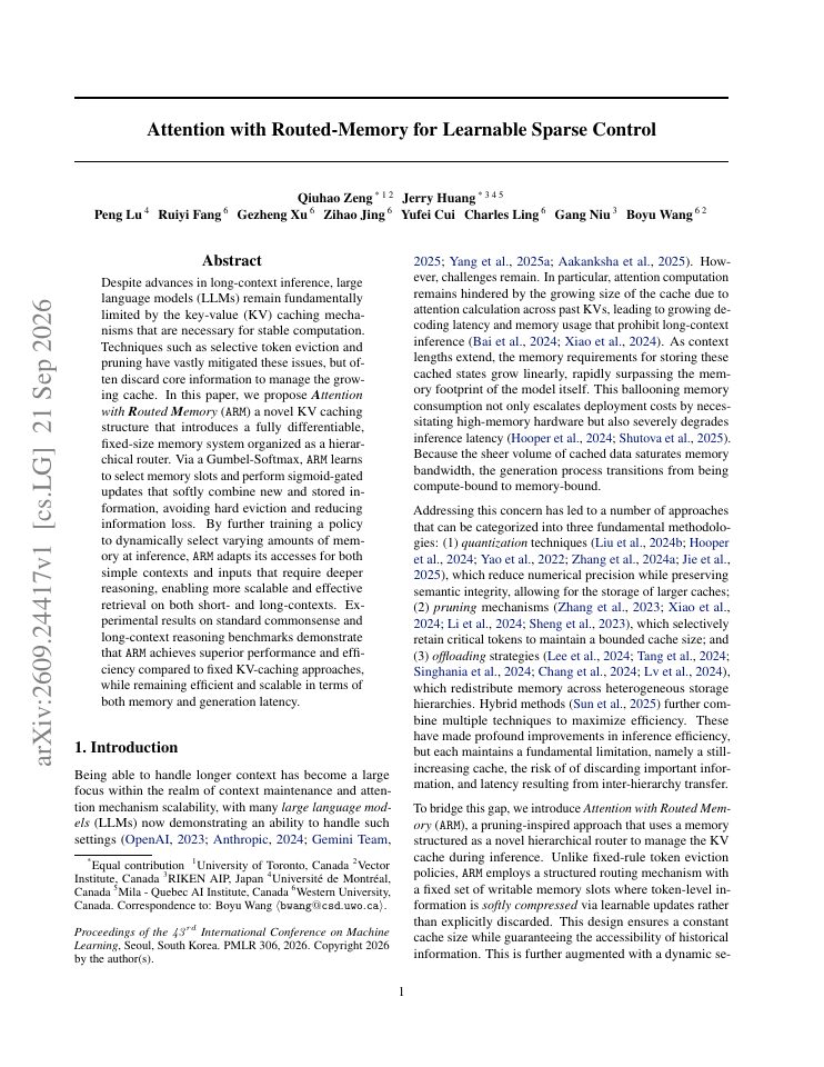 First page of ARM: Attention with Routed-Memory for Learnable Sparse Control