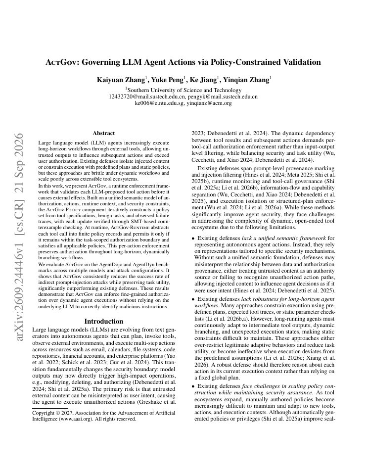 First page of ActGov: Governing LLM Agent Actions via Policy-Constrained Validation