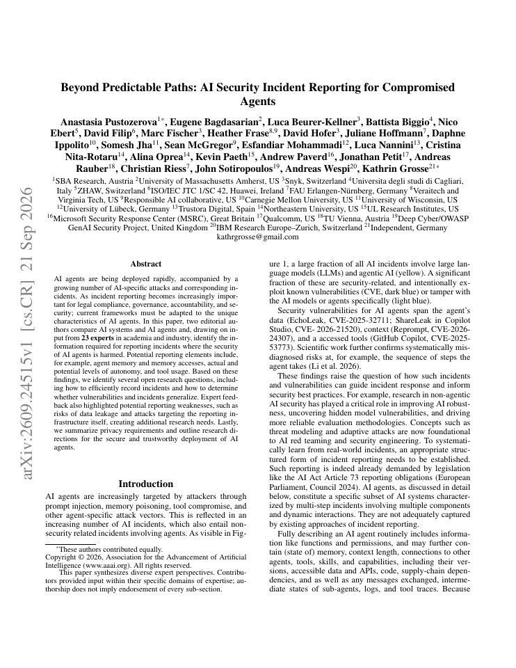 First page of Beyond Predictable Paths: Redefining AI Security Incident Reporting for Agents