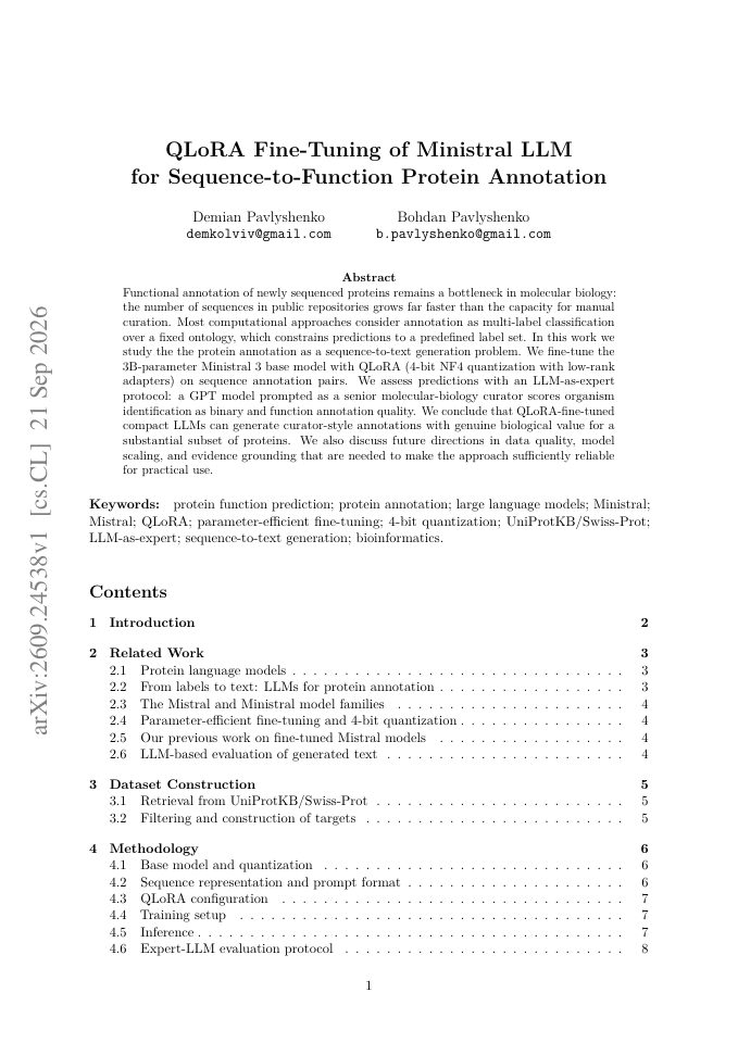 First page of QLoRA Fine-Tuning of Ministral LLM for Sequence-to-Function Protein Annotation