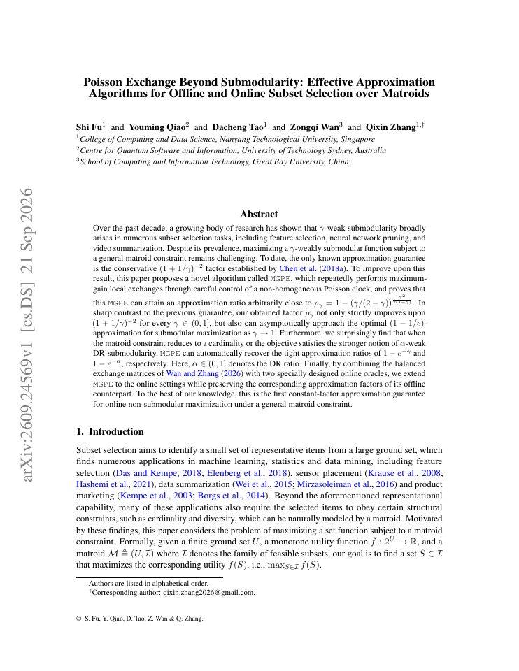 First page of Poisson Exchange Beyond Submodularity: Effective Approximation Algorithms for Offline and Online Subset Selection over Matroids