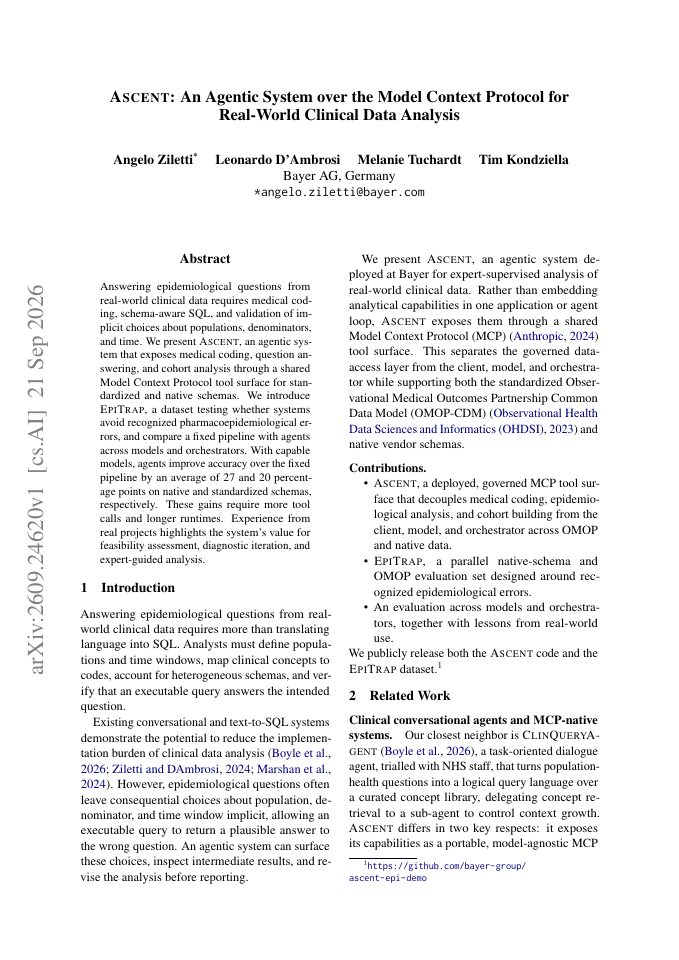 First page of Ascent: An Agentic System over the Model Context Protocol for Real-World Clinical Data Analysis