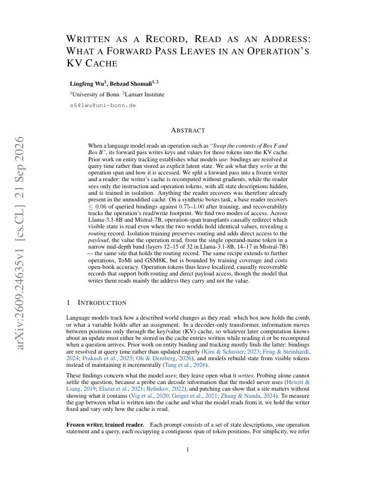 First page of Written as a Record, Read as an Address: What a Forward Pass Leaves in an Operation's KV Cache