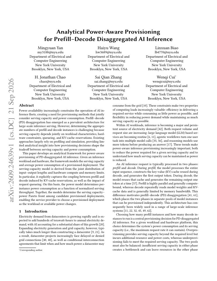 First page of Analytical Power-Aware Provisioning for Prefill-Decode Disaggregated AI Inference