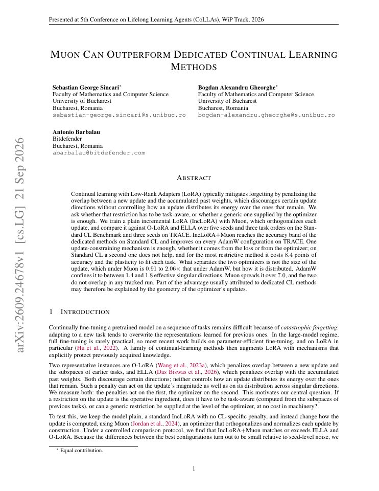 First page of Muon Can Outperform Dedicated Continual Learning Methods