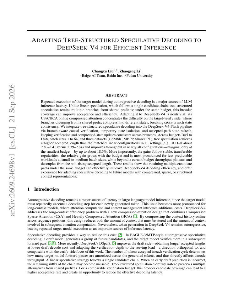 First page of Adapting Tree-Structured Speculative Decoding to DeepSeek-V4 for Efficient Inference