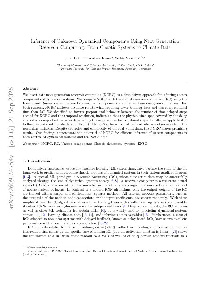 First page of Inference of Unknown Dynamical Components Using Next Generation Reservoir Computing: From Chaotic Systems to Climate Data