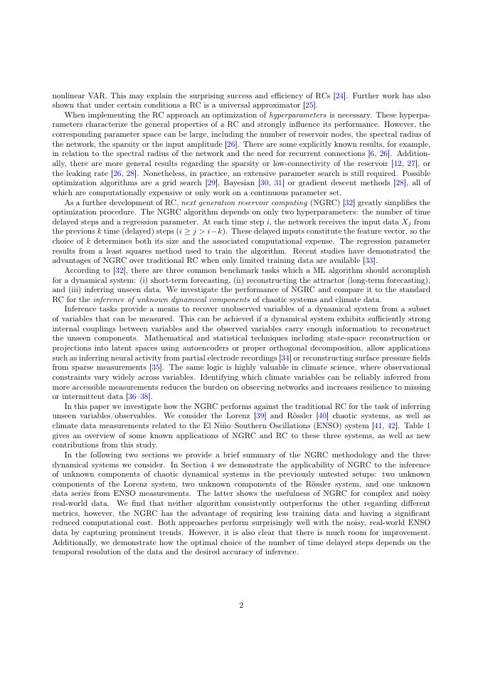Page 2 of Inference of Unknown Dynamical Components Using Next Generation Reservoir Computing: From Chaotic Systems to Climate Data