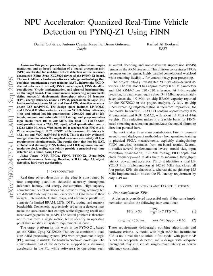 First page of NPU Accelerator: Quantized Real-Time Vehicle Detection on PYNQ-Z1 Using FINN