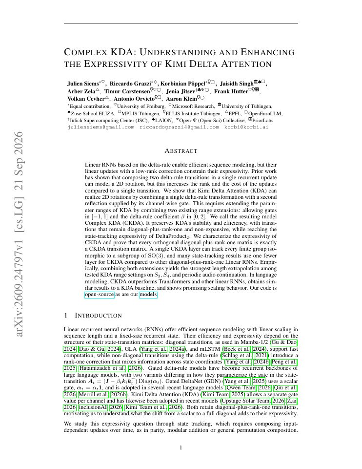 First page of Complex KDA: Understanding and Enhancing the Expressivity of Kimi Delta Attention