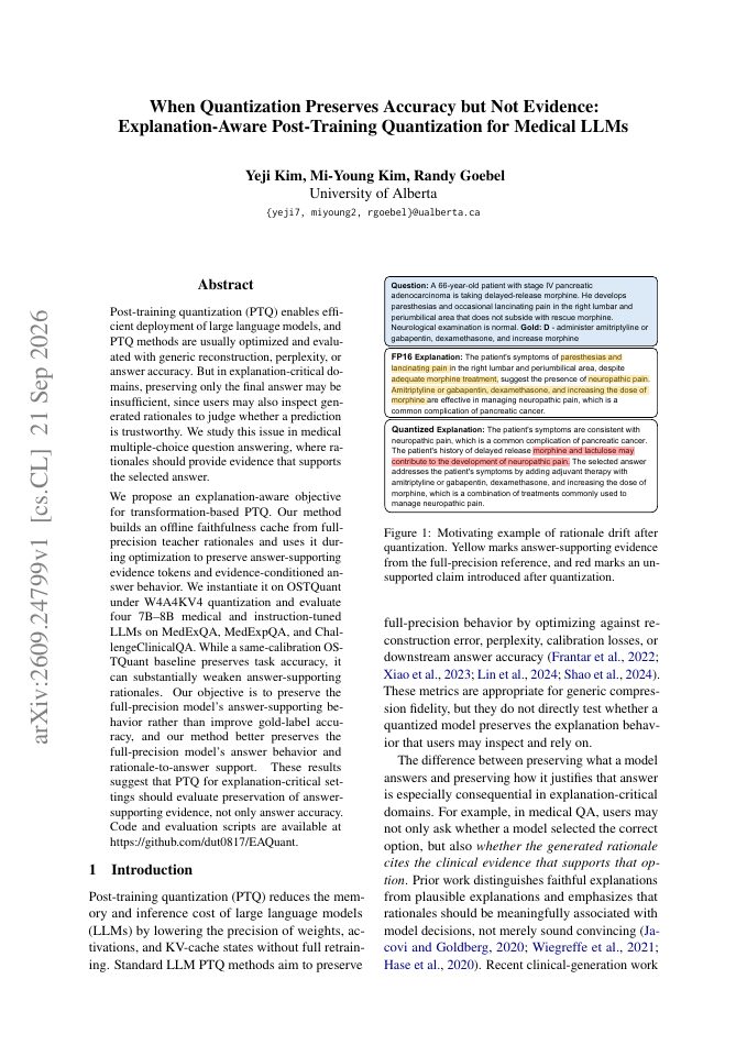 First page of When Quantization Preserves Accuracy but Not Evidence: Explanation-Aware Post-Training Quantization for Medical LLMs
