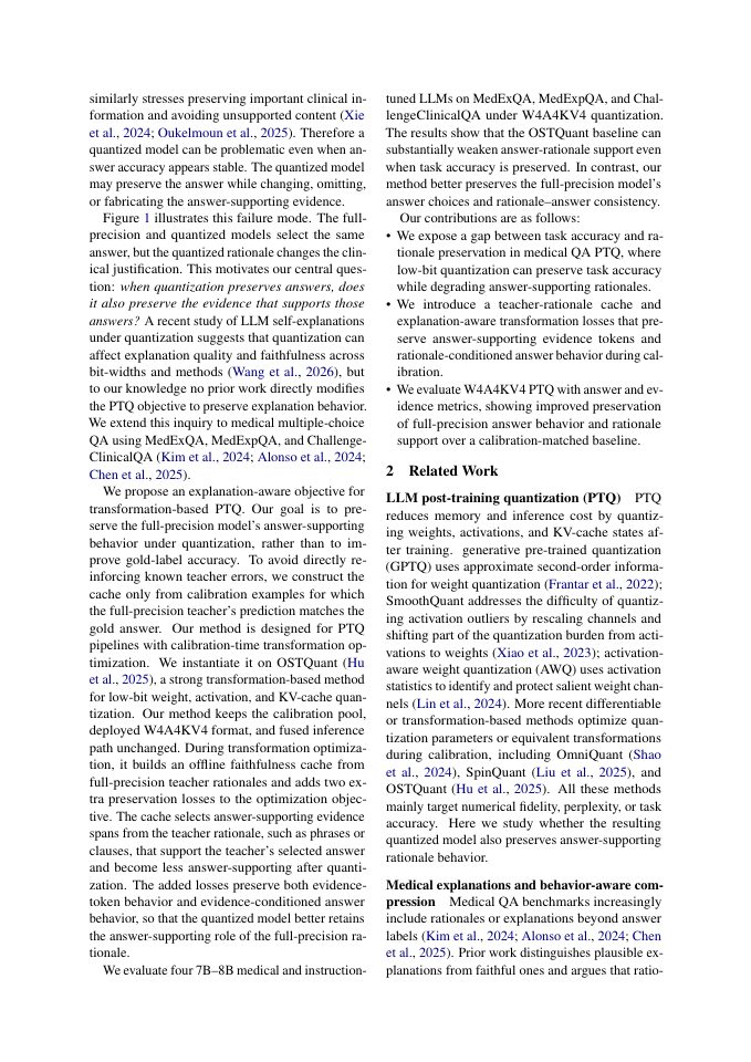 Page 2 of When Quantization Preserves Accuracy but Not Evidence: Explanation-Aware Post-Training Quantization for Medical LLMs