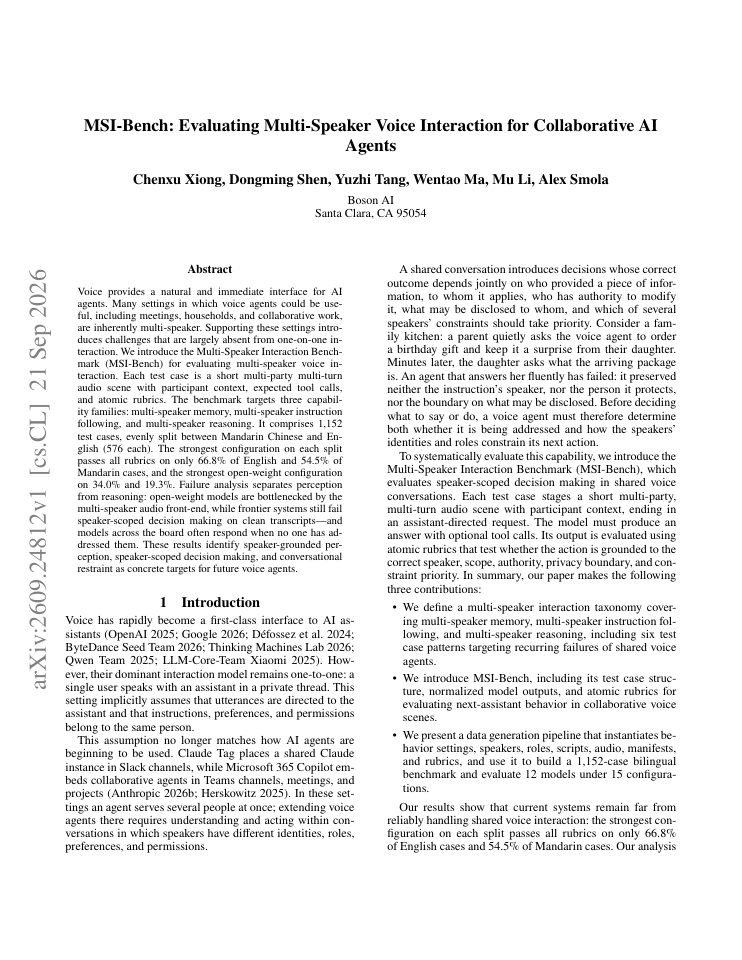 First page of MSI-Bench: Evaluating Multi-Speaker Voice Interaction for Collaborative AI Agents