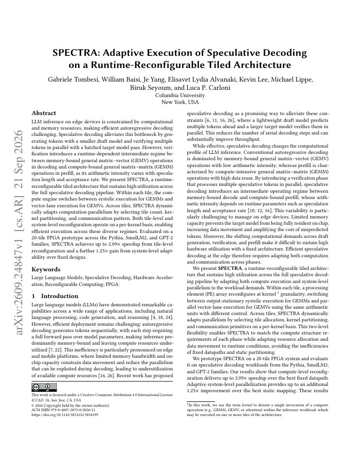 First page of SPECTRA: Adaptive Execution of Speculative Decoding on a Runtime-Reconfigurable Tiled Architecture