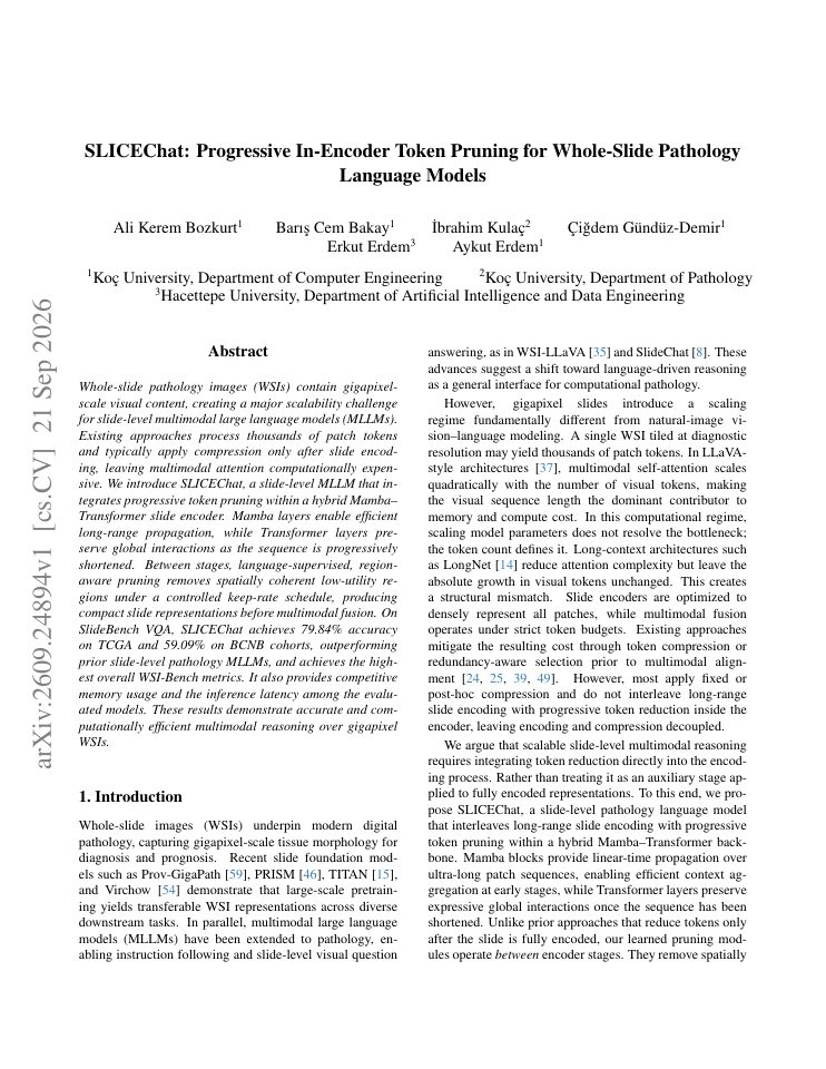 First page of SLICEChat: Progressive In-Encoder Token Pruning for Whole-Slide Pathology Language Models