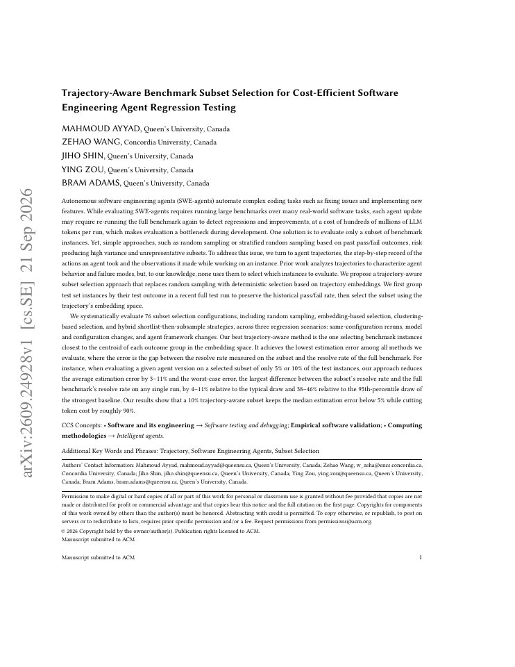 First page of Trajectory-Aware Benchmark Subset Selection for Cost-Efficient Software Engineering Agent Regression Testing