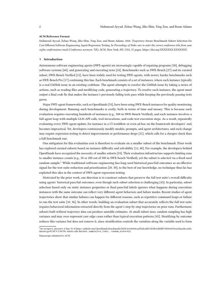 Page 2 of Trajectory-Aware Benchmark Subset Selection for Cost-Efficient Software Engineering Agent Regression Testing