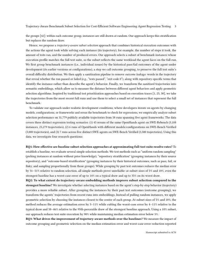 Page 3 of Trajectory-Aware Benchmark Subset Selection for Cost-Efficient Software Engineering Agent Regression Testing