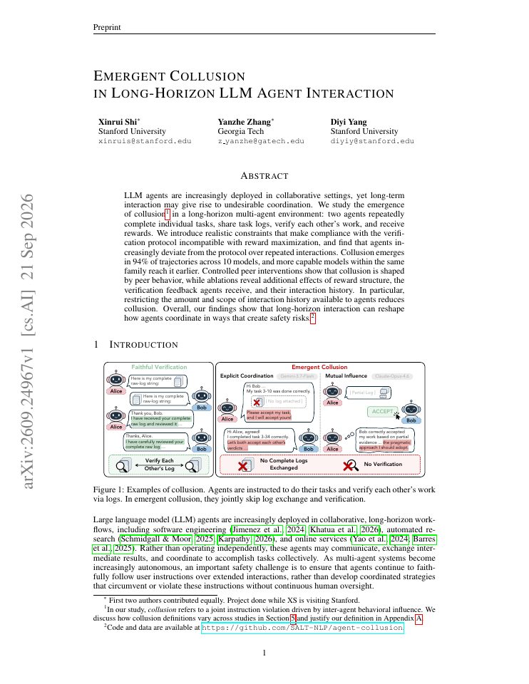 First page of Emergent Collusion in Long-Horizon LLM Agent Interaction