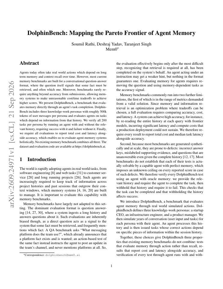 First page of DolphinBench: Mapping the Pareto Frontier of Agent Memory