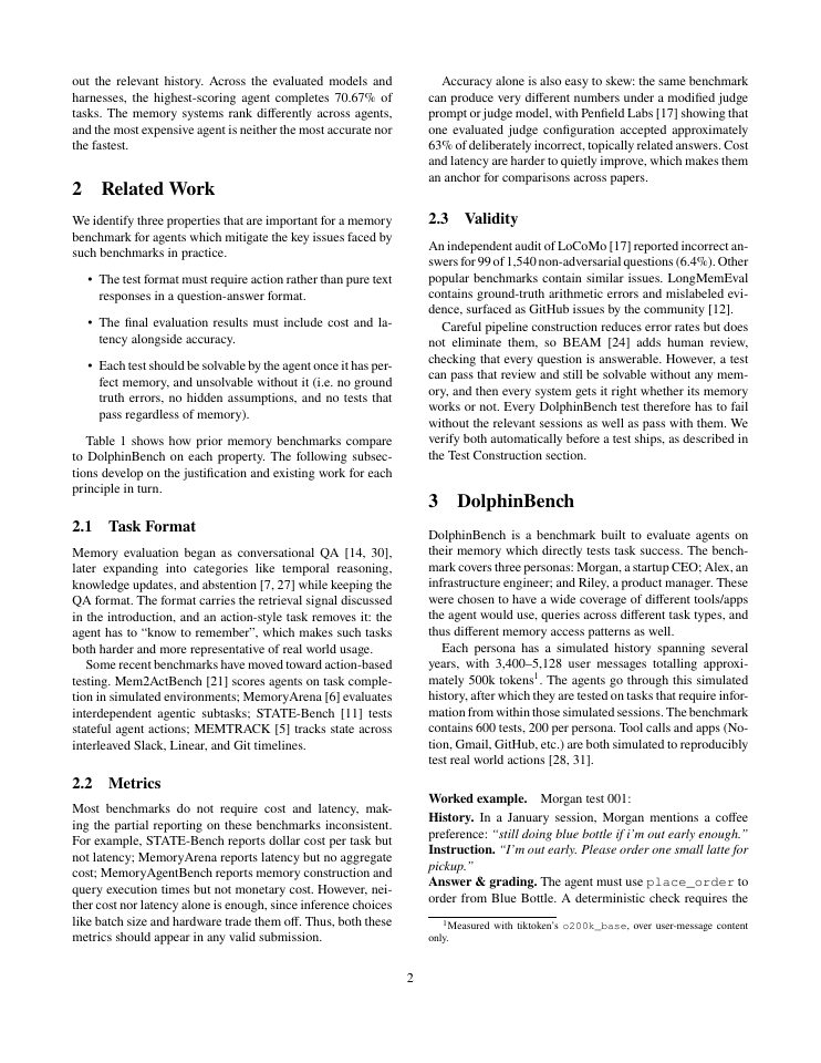 Page 2 of DolphinBench: Mapping the Pareto Frontier of Agent Memory