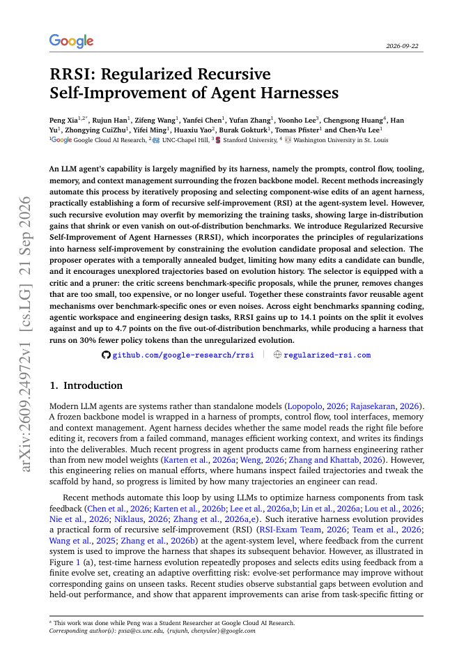 First page of RRSI: Regularized Recursive Self-Improvement of Agent Harnesses