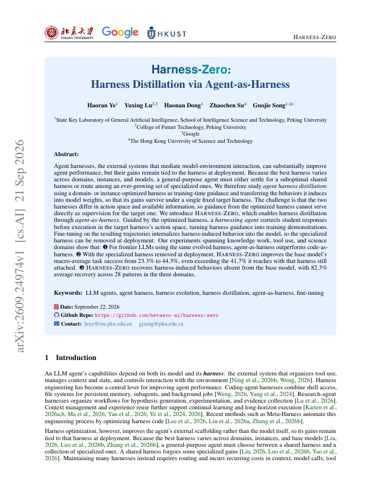 First page of Harness-Zero: Harness Distillation via Agent-as-Harness