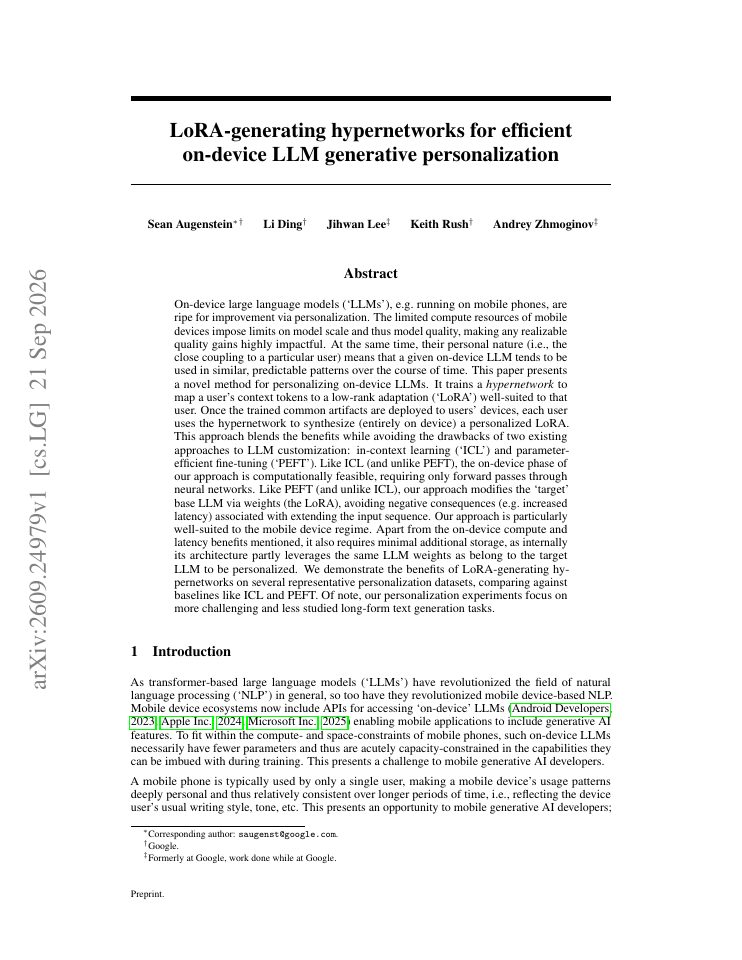 First page of LoRA-generating hypernetworks for efficient on-device LLM generative personalization