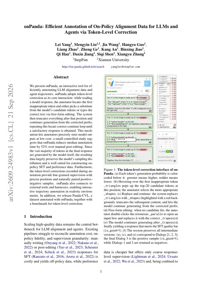 First page of onPanda: Efficient Annotation of On-Policy Alignment Data for LLMs and Agents via Token-Level Correction