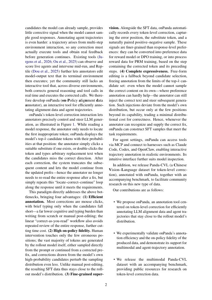 Page 2 of onPanda: Efficient Annotation of On-Policy Alignment Data for LLMs and Agents via Token-Level Correction