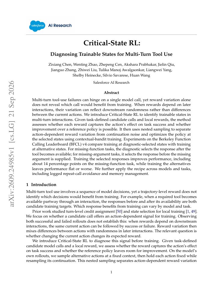 First page of Critical-State RL: Diagnosing Trainable States for Multi-Turn Tool Use