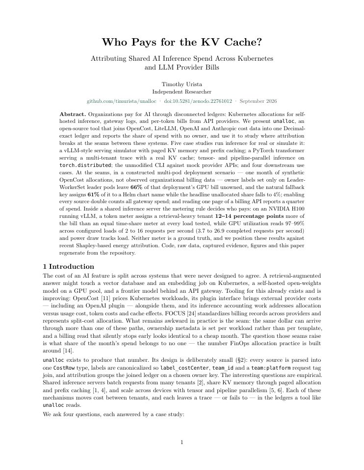 First page of Who Pays for the KV Cache? Attributing Shared AI Inference Spend Across Kubernetes and LLM Provider Bills